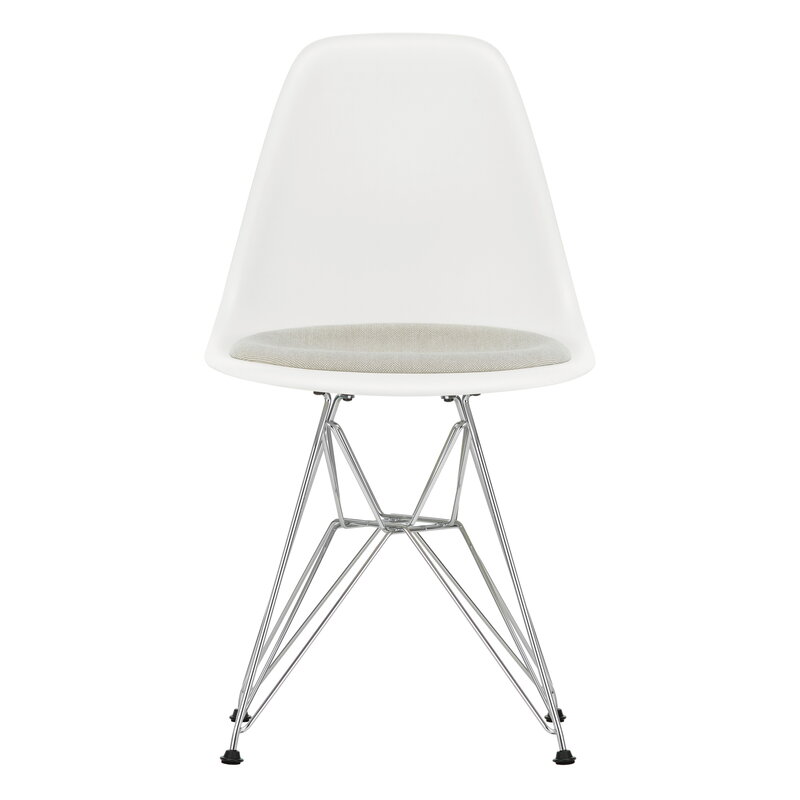 Vitra Eames DSR chair, white - chrome - warm grey/ivory cushion | One52 Furniture