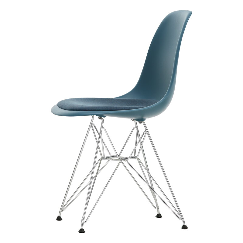 Vitra Eames DSR chair, sea blue - chrome - sea blue/dark grey cushion | One52 Furniture