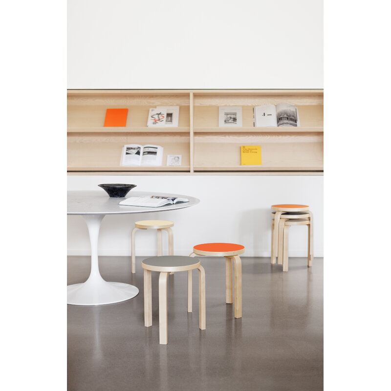 Artek|Chairs, Stools|Aalto stool 60, ash grey linoleum - birch