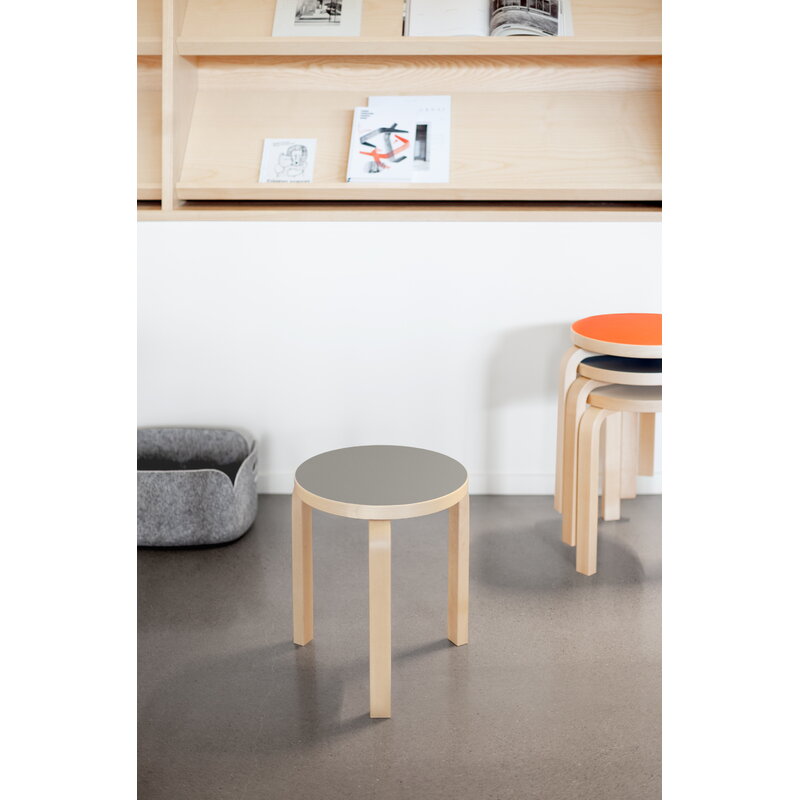 Artek|Chairs, Stools|Aalto stool 60, ash grey linoleum - birch