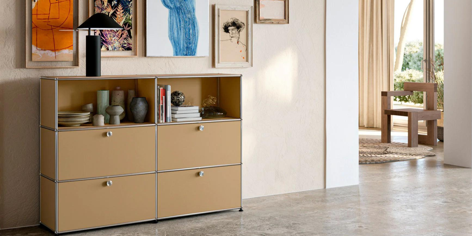Modern olive-green modular storage cabinet by One52 Furniture, showcasing clean lines and minimalist design, set against a textured white brick wall in a well-lit room with tasteful decor.