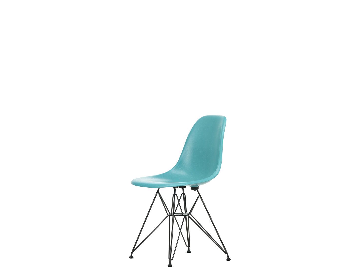Eames Fiberglass Side Chair in vibrant turquoise color with sleek black wire base, a limited edition piece by Vitra.