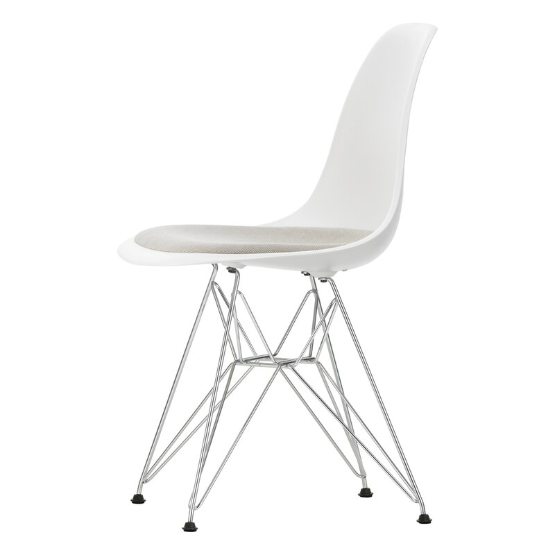 Vitra Eames DSR chair, white - chrome - warm grey/ivory cushion | One52 Furniture