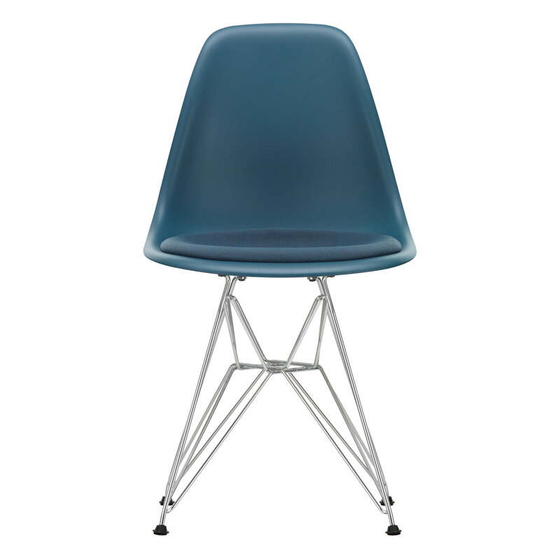 Vitra Eames DSR chair, sea blue - chrome - sea blue/dark grey cushion | One52 Furniture