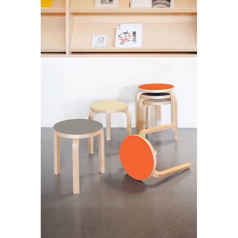 Artek|Chairs, Stools|Aalto stool 60, orange linoleum - birch